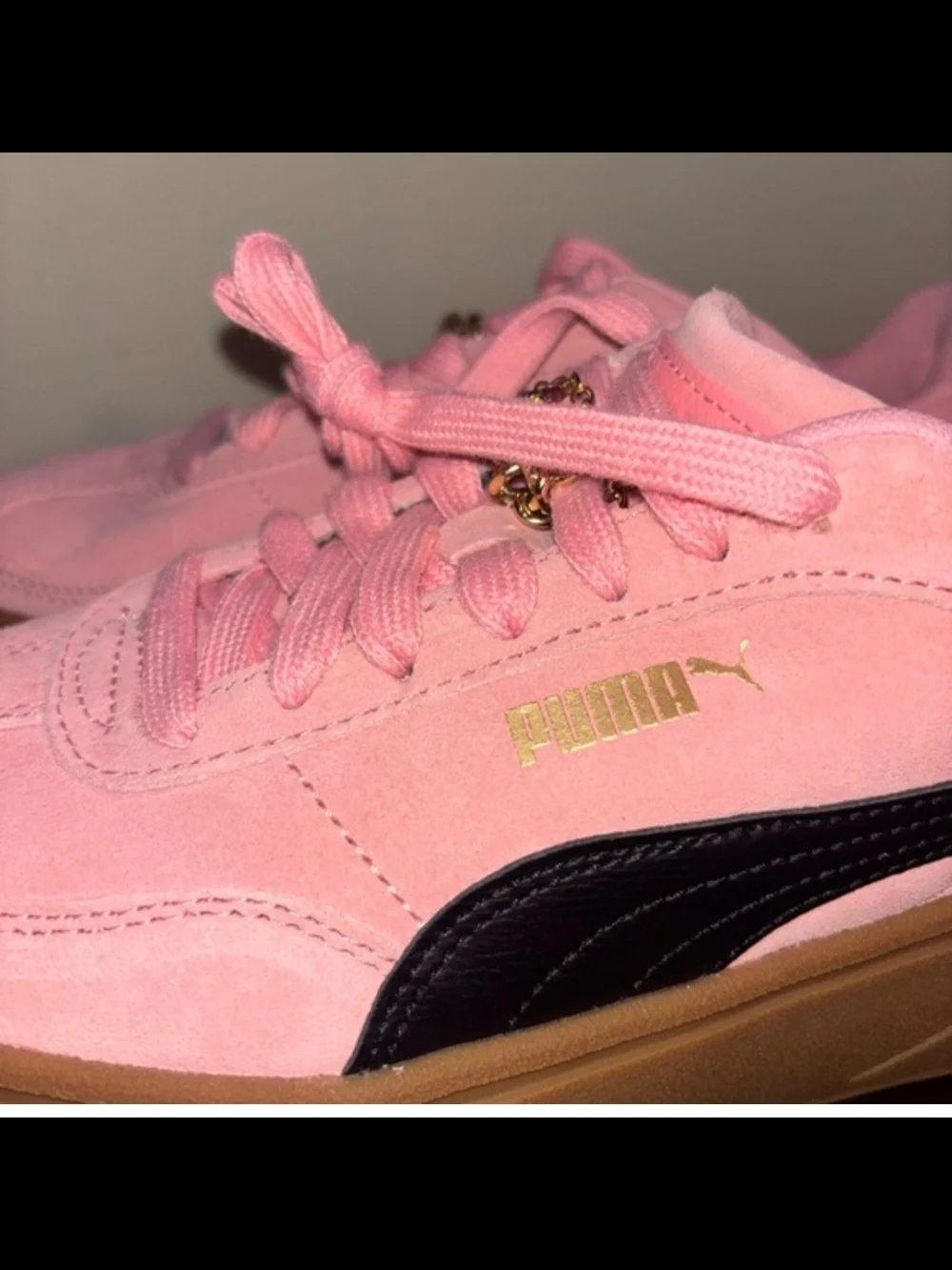 Puma Pink Suede Sneakers with Black Formstripe and Brown Gum Sole